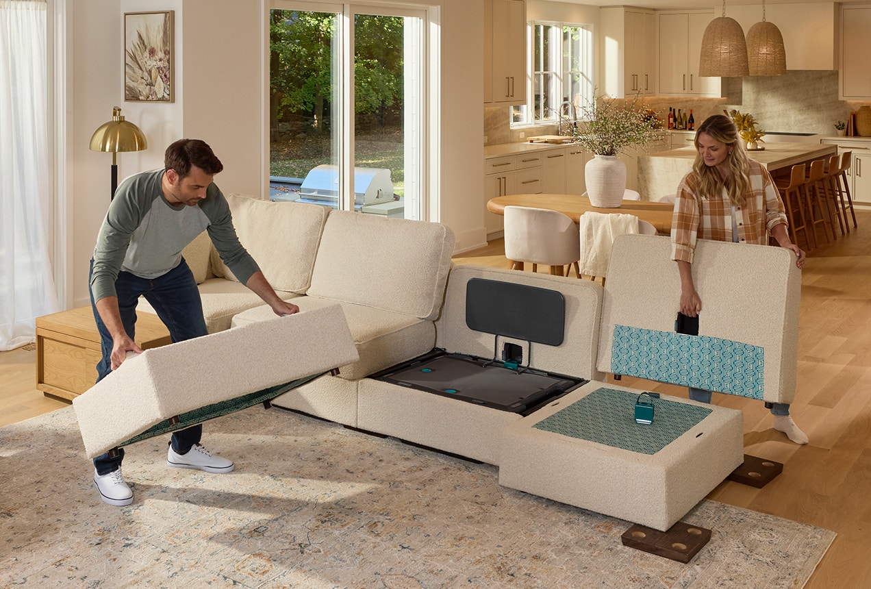 Couple rearranging their Lovesac sectional couch